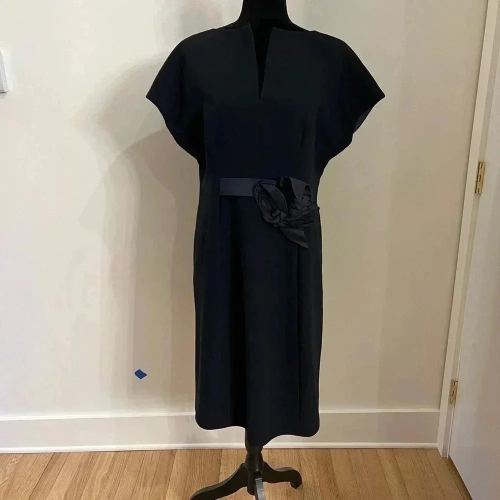 Boutique Women’s Navy Blue Fitted Short Sleeve Sheath Dress‎ Floral Belt XL